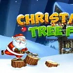 Ông già Noel đang chặt cây trên nền tuyết trắng, phía sau là ngôi nhà gỗ và chữ CHRISTMAS TREE FUN rực rỡ