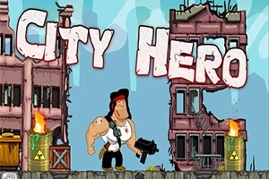 Một nhân vật cơ bắp cầm súng đứng giữa hai tòa nhà đổ nát với chữ “City Hero” lớn phía trên, kèm theo các thùng phóng xạ cháy sáng