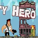 Một nhân vật cơ bắp cầm súng đứng giữa hai tòa nhà đổ nát với chữ “City Hero” lớn phía trên, kèm theo các thùng phóng xạ cháy sáng