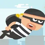 Một nhân vật hoạt hình mặc đồ trộm với túi tiền đang bay qua các tòa nhà trong thành phố