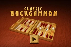 Bàn cờ với các quân cờ trắng và đỏ, hai con xúc xắc, và nút play nổi bật trên nền gỗ cùng dòng chữ Classic Backgammon