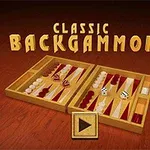Bàn cờ với các quân cờ trắng và đỏ, hai con xúc xắc, và nút play nổi bật trên nền gỗ cùng dòng chữ Classic Backgammon
