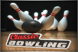 Trái bóng bowling đen đang lăn về phía các pin bowling trắng với dòng chữ Classic Bowling phía trước