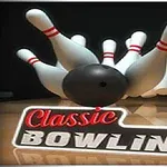 Trái bóng bowling đen đang lăn về phía các pin bowling trắng với dòng chữ Classic Bowling phía trước