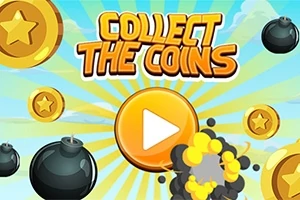 Hình ảnh có các đồng xu, bom tròn, và nút phát màu vàng với dòng chữ COLLECT THE COINS