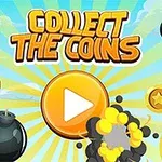 Hình ảnh có các đồng xu, bom tròn, và nút phát màu vàng với dòng chữ COLLECT THE COINS