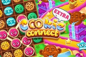 Hình ảnh có các hình bánh quy và kẹo đầy màu sắc, vẽ phong cách hoạt hình với khỉ và dòng chữ Cookie Connect