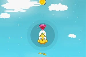 Chú chim màu vàng đang bay lên bầu trời xanh cùng với một viên đá quý màu đỏ và những đám mây trắng xung quanh