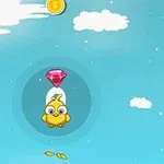Chú chim màu vàng đang bay lên bầu trời xanh cùng với một viên đá quý màu đỏ và những đám mây trắng xung quanh