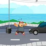 Người đàn ông hoảng sợ đứng bên lề đường với một chiếc xe ô tô màu đen gần đó và nền biển xanh