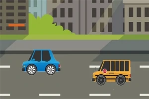 Hai chiếc xe hơi đang di chuyển trên một con đường với các tòa nhà cao tầng và cây xanh ở phía sau