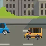 Hai chiếc xe hơi đang di chuyển trên một con đường với các tòa nhà cao tầng và cây xanh ở phía sau