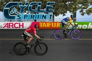 Hai vận động viên đua xe đạp trên đường với hàng rào và cây cối ở phía sau, có chữ CYCLE SPRINT ở trên cùng