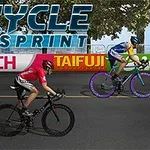 Hai vận động viên đua xe đạp trên đường với hàng rào và cây cối ở phía sau, có chữ CYCLE SPRINT ở trên cùng