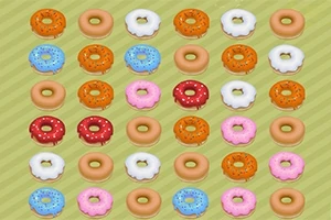 Hình ảnh gồm nhiều loại bánh donut nhiều màu sắc khác nhau, được xếp theo hàng ngang và dọc trên nền xanh