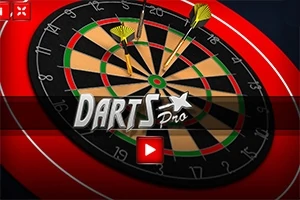 Bảng phi tiêu với ba mũi phi tiêu màu vàng cắm trên bề mặt, cùng dòng chữ Darts Pro và nút phát video màu đỏ phía trước