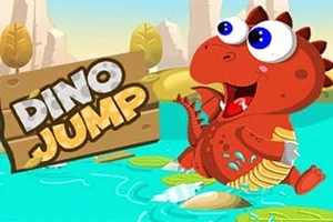 Chú khủng long đỏ với đôi mắt to đang vui vẻ nhảy trên mặt nước trong một khung cảnh thiên nhiên với cây xanh và núi non