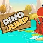 Chú khủng long đỏ với đôi mắt to đang vui vẻ nhảy trên mặt nước trong một khung cảnh thiên nhiên với cây xanh và núi non