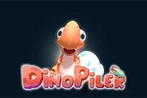 Một chú khủng long hoạt hình đáng yêu đứng trước một quả trứng với dòng chữ DinoPiler ở phía dưới