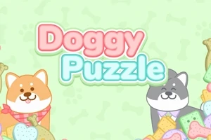 Hình ảnh có hai chú chó hoạt hình dễ thương cùng với nhiều chiếc bánh quy xung quanh và dòng chữ Doggy Puzzle ở giữa nền xanh nhạt