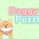 Hình ảnh có hai chú chó hoạt hình dễ thương cùng với nhiều chiếc bánh quy xung quanh và dòng chữ Doggy Puzzle ở giữa nền xanh nhạt