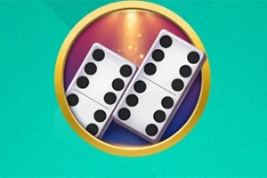 Hai quân cờ Domino nằm chéo nhau trên nền màu xanh với viền vòng tròn vàng