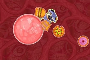 Một quả bóng màu hồng với khuôn mặt, xung quanh là các biểu tượng đồ ăn như hamburger, pizza và bánh donut trên nền đỏ