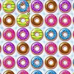 Hình ảnh gồm các hàng bánh donut nhiều màu sắc với lớp phủ hạt cốm, sắp xếp thành các hàng ngang và dọc