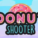 Hình ảnh có nền bầu trời xanh với một chiếc bánh donut phủ lớp đường hồng và nhiều kẹo cốm đa sắc bên cạnh dòng chữ DONUT SHOOTER nổi bật
