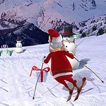 Ông già Noel đang trượt tuyết xuống con dốc phủ đầy tuyết, vượt qua người tuyết và các hộp quà trên đường đi