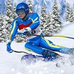 Vận động viên trượt tuyết mặc trang phục xanh dương đang lao xuống dốc giữa khung cảnh núi tuyết và cây thông phủ tuyết