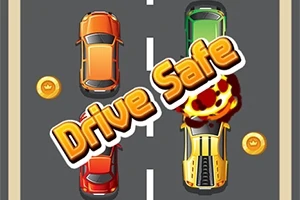 Hình ảnh có các xe ô tô màu cam, xanh và vàng trên đường đua, với từ Drive Safe ở giữa