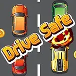 Hình ảnh có các xe ô tô màu cam, xanh và vàng trên đường đua, với từ Drive Safe ở giữa