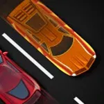 Hai chiếc xe, một màu đỏ và một màu cam, đang chạy trên đường hai làn