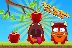Hai nhân vật hoạt hình vui nhộn với trái táo lớn và dòng chữ Drop The Apple Into Mouth, nền trời xanh