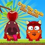 Hai nhân vật hoạt hình vui nhộn với trái táo lớn và dòng chữ Drop The Apple Into Mouth, nền trời xanh
