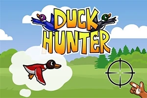 Vịt bay trên bầu trời với chữ Duck Hunter ở nền rừng, kèm theo tâm ngắm bắn và một bàn tay chỉ ra vị trí bắn