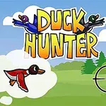 Vịt bay trên bầu trời với chữ Duck Hunter ở nền rừng, kèm theo tâm ngắm bắn và một bàn tay chỉ ra vị trí bắn