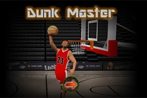 Cầu thủ bóng rổ mặc áo số 23 đang thực hiện cú úp rổ với thông điệp Dunk Master phía trên, trên sân thi đấu trong nhà