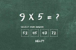 Phép toán trên bảng đen với câu hỏi 9 x 5 = ?