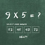 Phép toán trên bảng đen với câu hỏi 9 x 5 = ?