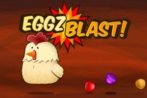 Hình ảnh một con gà hoạt hình đứng trước nền màu nâu với chữ EGGZ BLAST!
