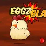 Hình ảnh một con gà hoạt hình đứng trước nền màu nâu với chữ EGGZ BLAST!