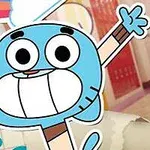 Nhân vật hoạt hình màu xanh đang giơ tay lên, miệng cười lớn trong một khung cảnh sáng sủa và vui nhộn