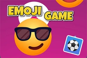 Biểu tượng cảm xúc đeo kính râm trên nền màu hồng, với chữ EMOJI GAME và một biểu tượng quả bóng đá