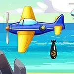 Máy bay đang thả quả bom xuống biển, phía sau là trực thăng bay trên bầu trời xanh