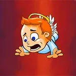 Một nhân vật hoạt hình với tóc màu cam, biểu cảm hoảng hốt, đang bay trong không trung, có cánh nhỏ và vòng hào quang bên trên đầu, nền màu đỏ