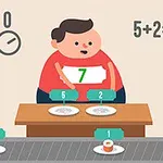 Một nhân vật hoạt hình đứng trước bàn với hai đĩa trống, bên cạnh là các con số và phương trình toán học đơn giản