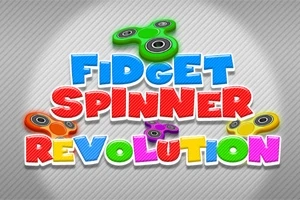 Các con quay Fidget Spinner màu sắc nằm phía trên chữ Fidget Spinner Revolution đầy màu sắc trên nền sọc xám