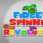 Các con quay Fidget Spinner màu sắc nằm phía trên chữ Fidget Spinner Revolution đầy màu sắc trên nền sọc xám